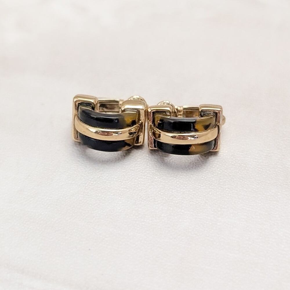 Vintage Clip On Earrings Small Gold Tone & Black/Brown Tone Hoops Stylish